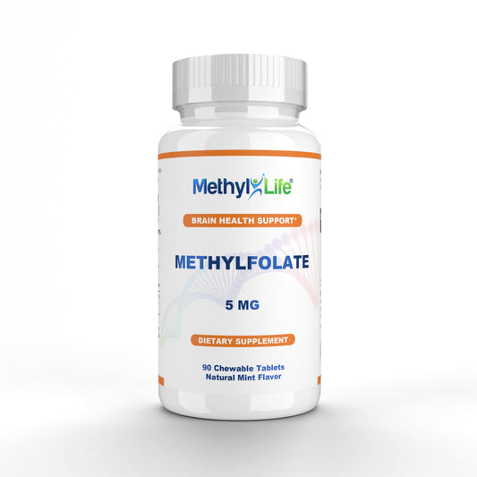 Methyl-Life bottle with cap open, highlighting easy daily folate support on the go.