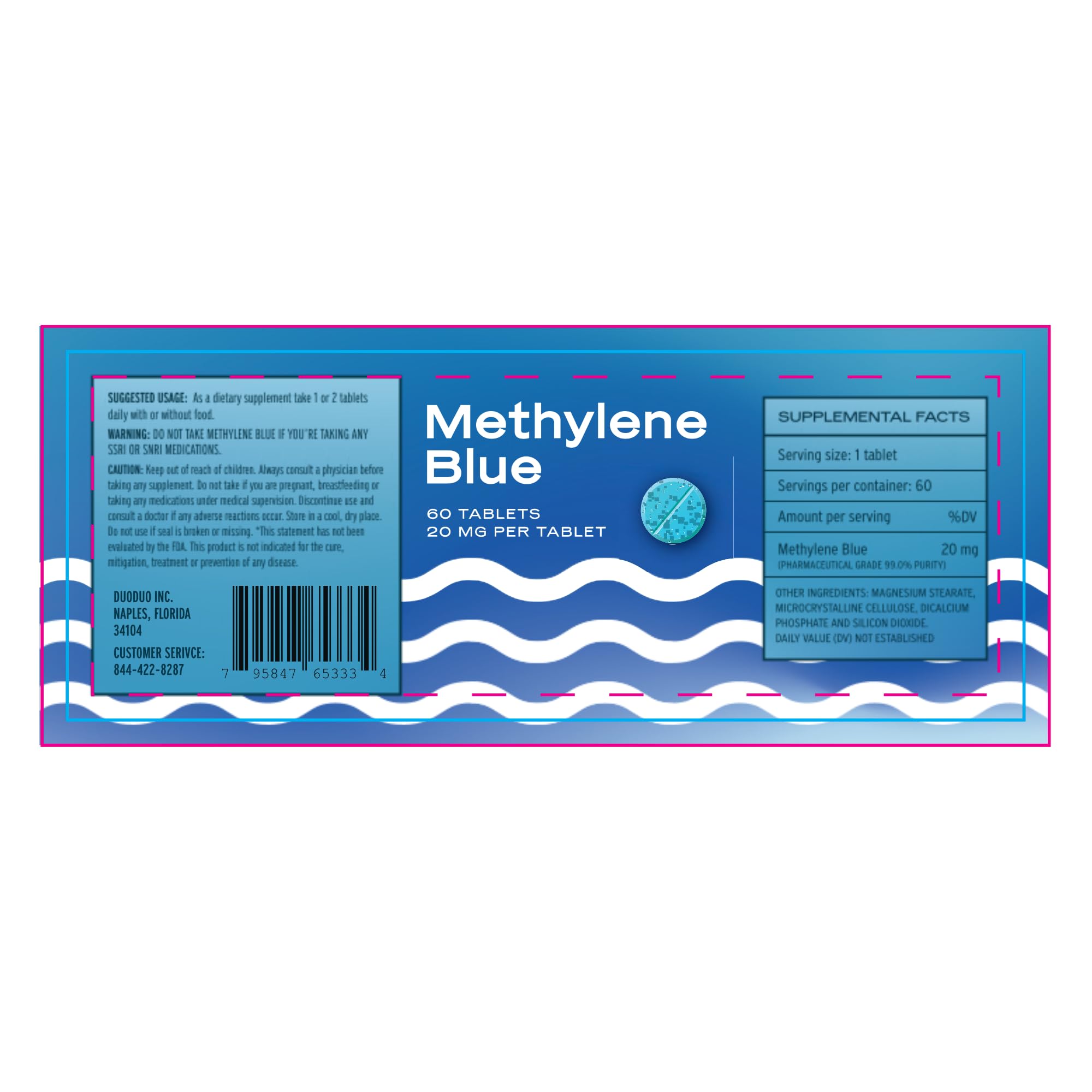 Unflavored methylene blue tablet ready for consumption with minimal taste impact
