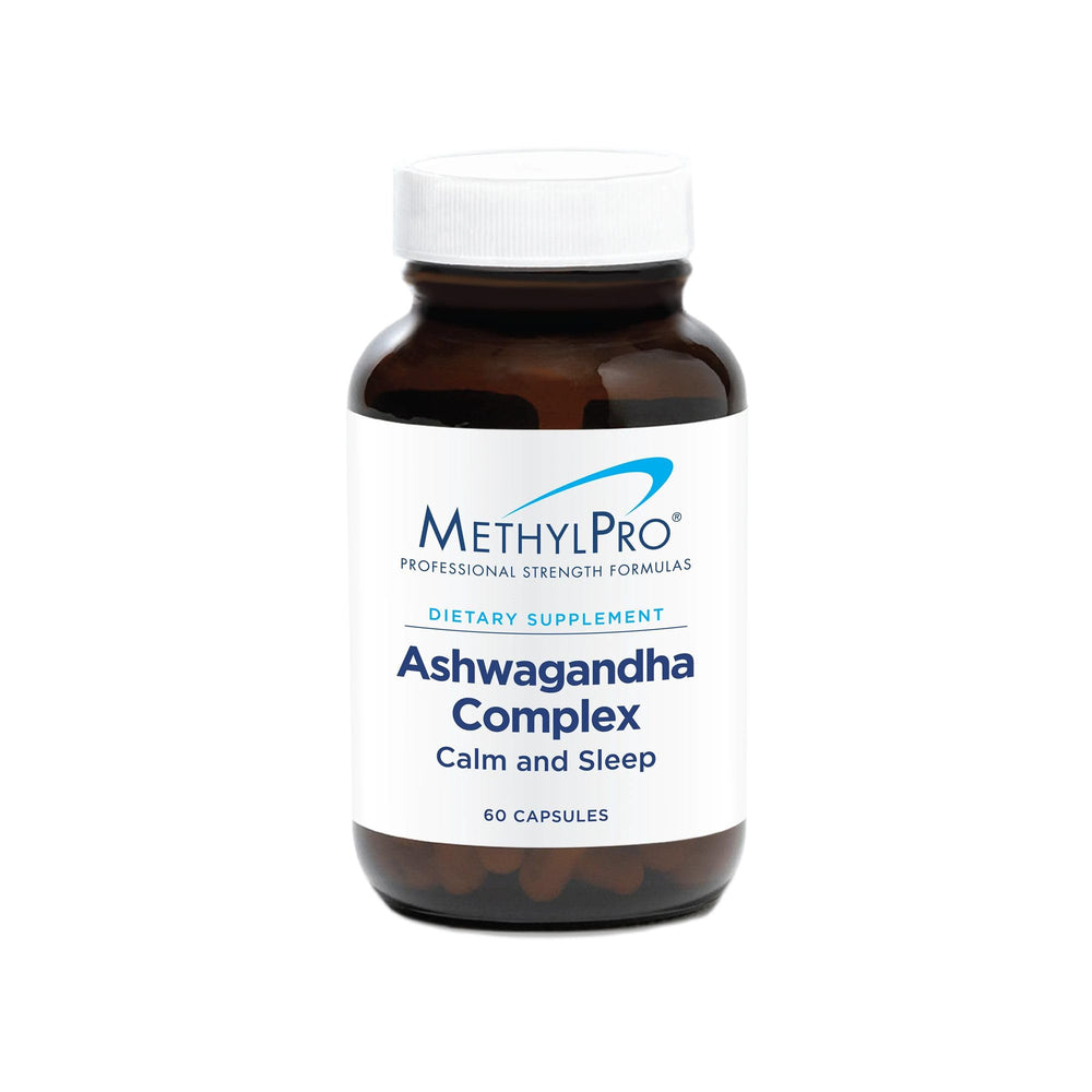 MethylPro Ashwagandha Complex bottle on shelf for daily stress support.
