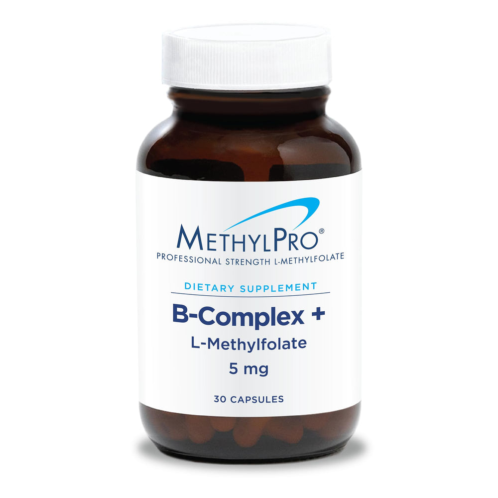 MethylPro B Complex bottle label reveals hypoallergenic vitamin blend for steady energy support.