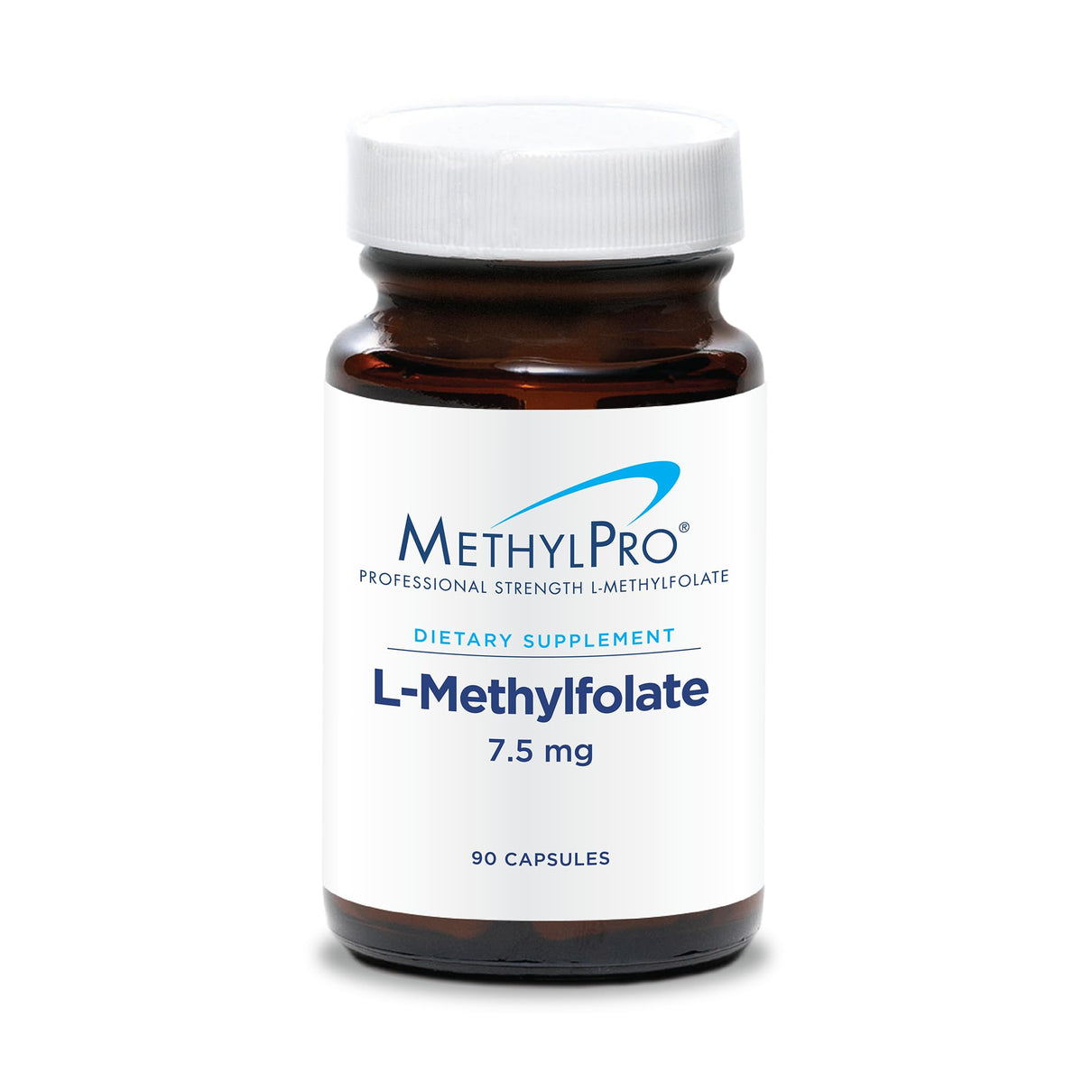 MethylPro L-Methylfolate bottle front showing easy-to-dose 7.5 mg for daily methylation support.