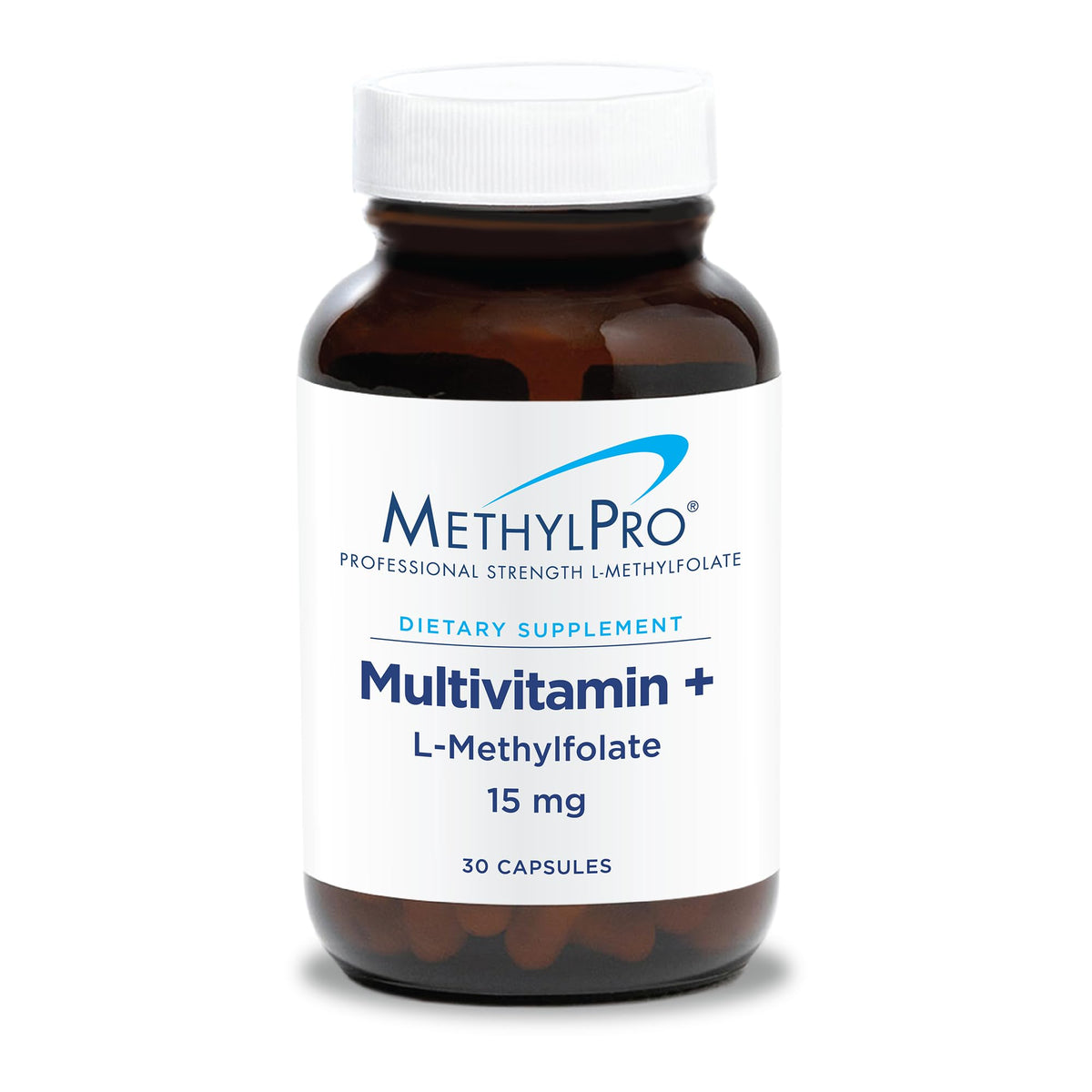 MethylPro Multivitamin bottle close-up highlighting L-Methylfolate 15 mg for daily wellness