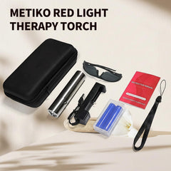 Metiko safety glasses protect eyes during red light therapy sessions.