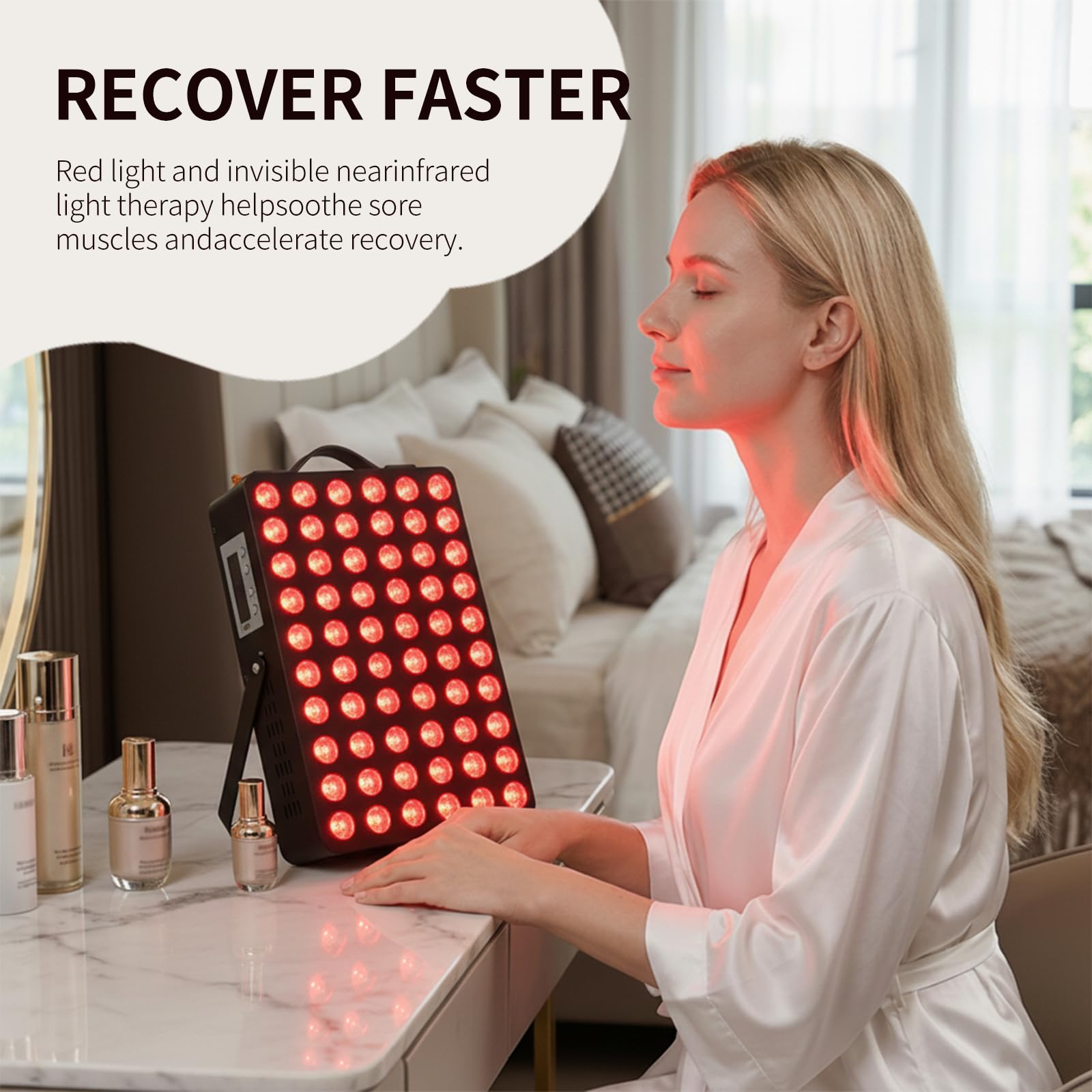 METIKO skin recovery session using red and near-infrared light for daily care.