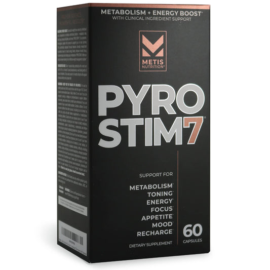 METISNutrition Pyro Stim 7 bottle front shows bold branding for energy and focus support