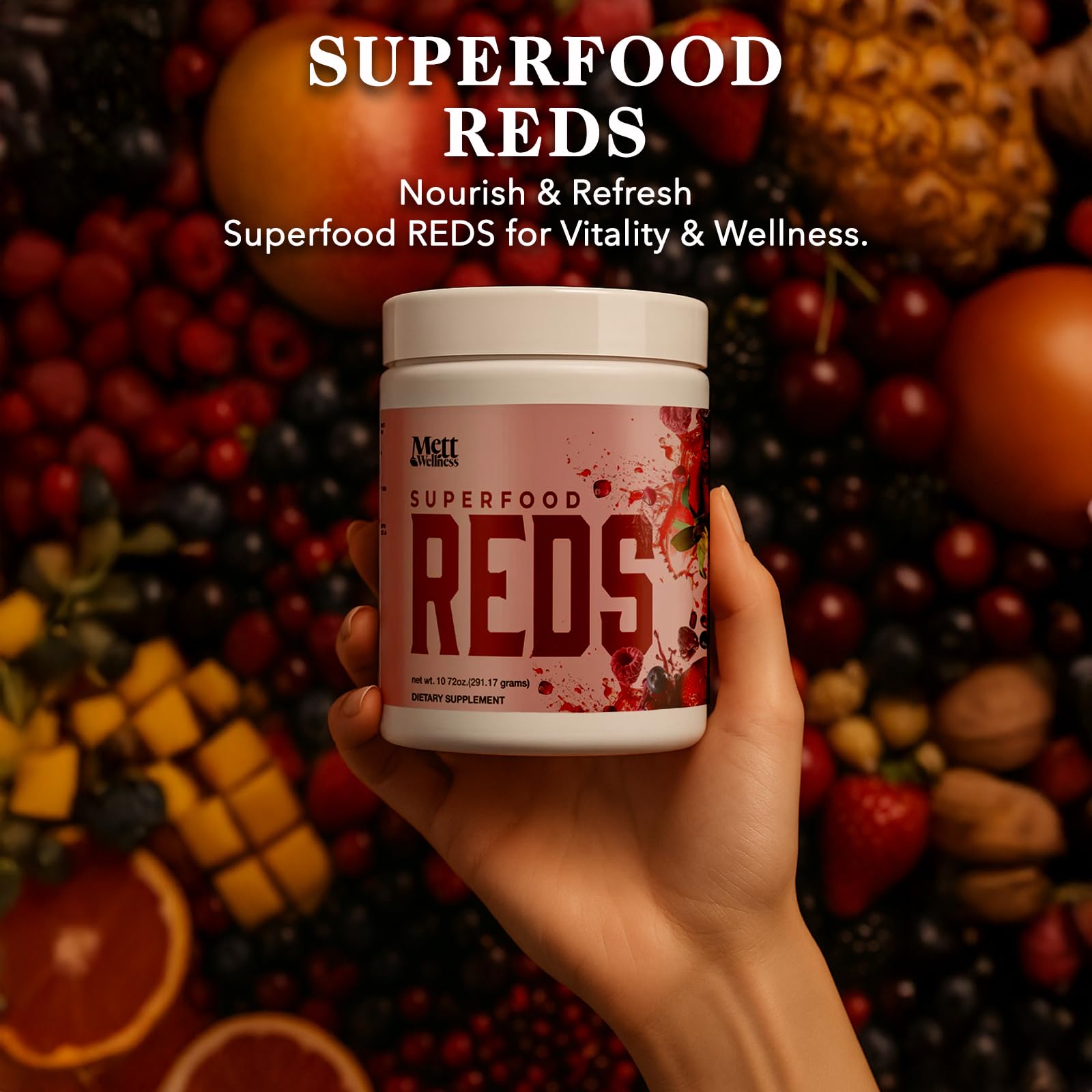 Mett Wellness Reds biotin zinc calcium blend supports skin and bone health.