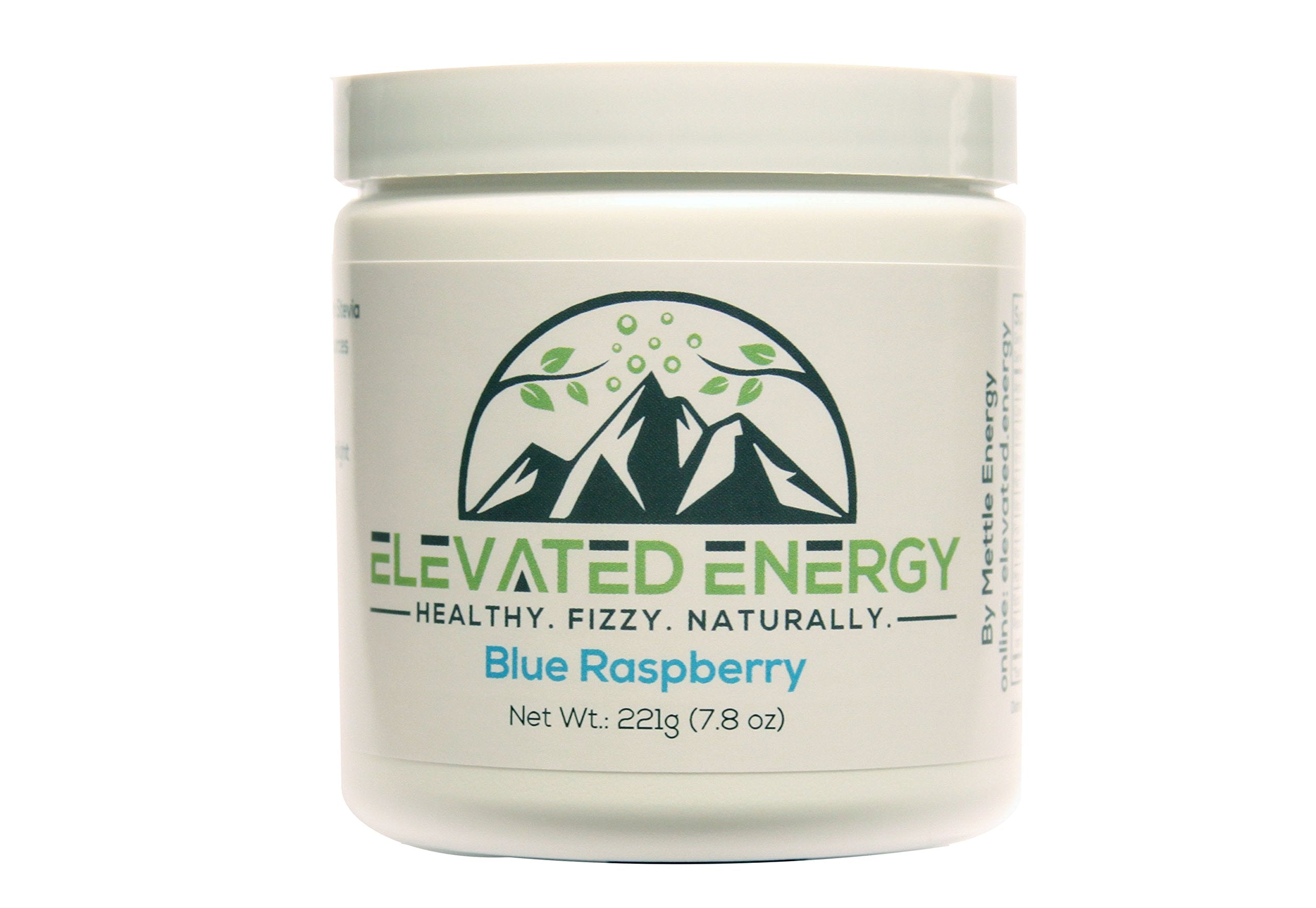 Mettle Energy Elevated Energy blue raspberry powder in a tub for a natural caffeine boost.