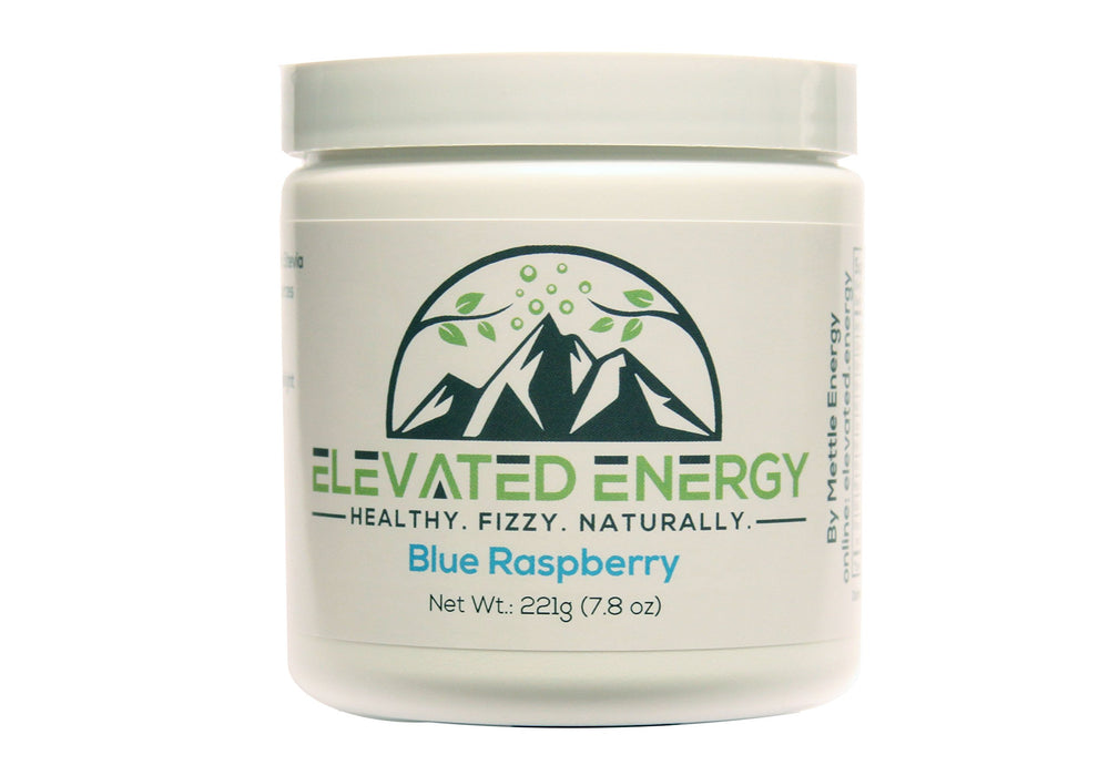 Mettle Energy Elevated Energy blue raspberry powder in a tub for a natural caffeine boost.