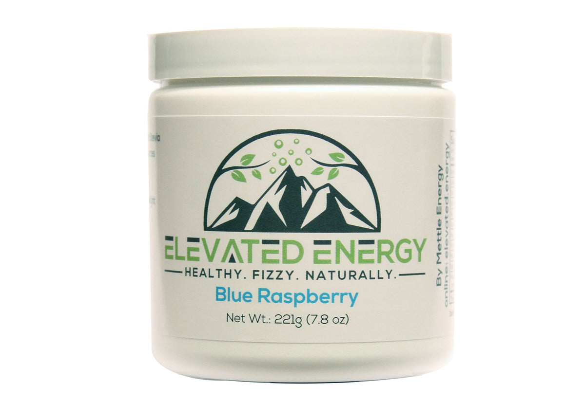 Mettle Energy Elevated Energy blue raspberry powder in a tub for a natural caffeine boost.