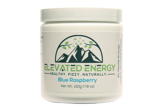 Mettle Energy Elevated Energy blue raspberry powder in a tub for a natural caffeine boost.