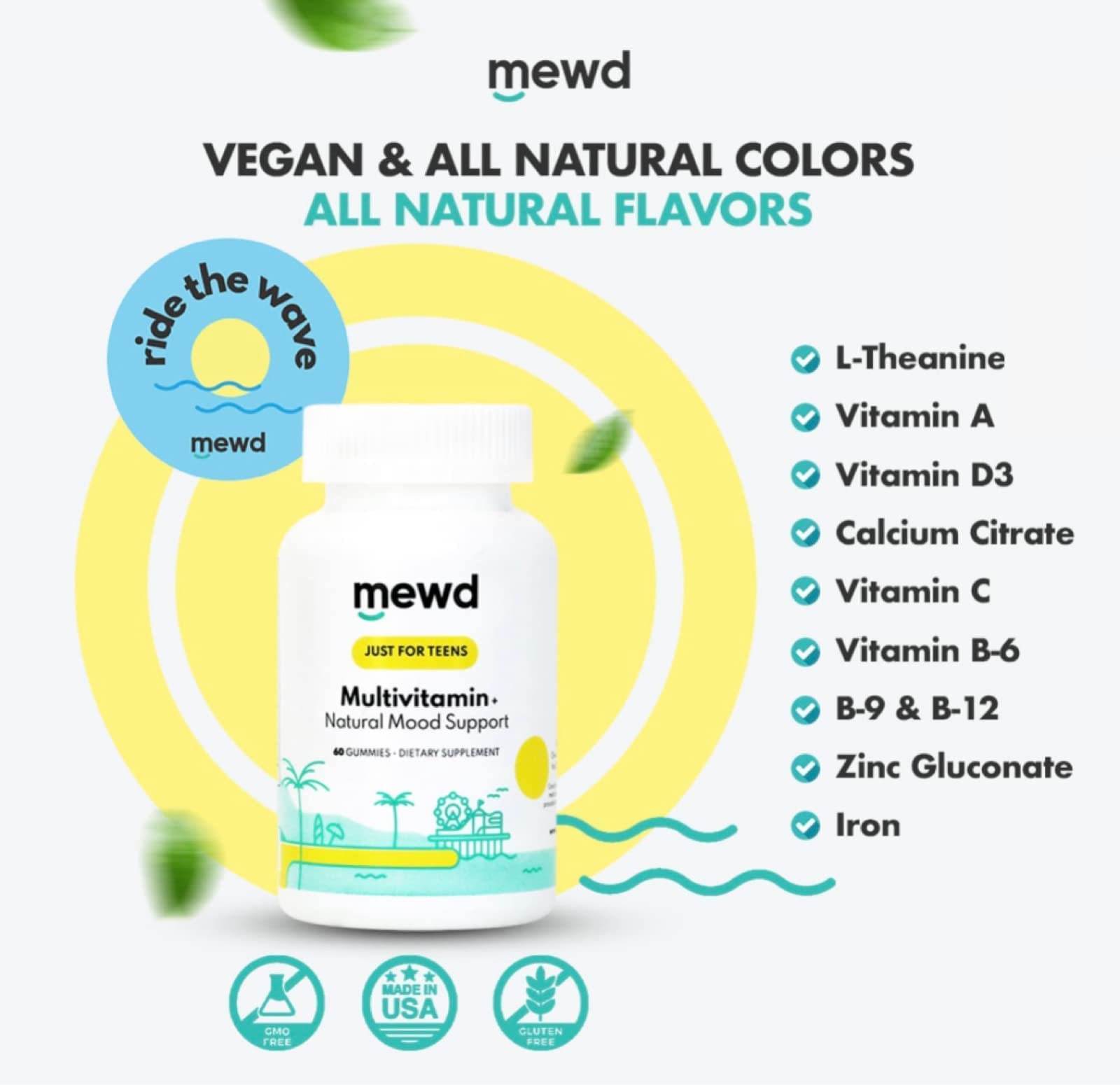 MEWD daily multivitamin gummies closeup showing blue raspberry flavor for tasty daily use.