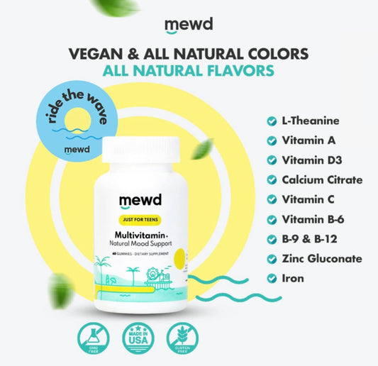MEWD daily multivitamin gummies closeup showing blue raspberry flavor for tasty daily use.