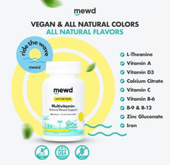 MEWD daily multivitamin gummies closeup showing blue raspberry flavor for tasty daily use.