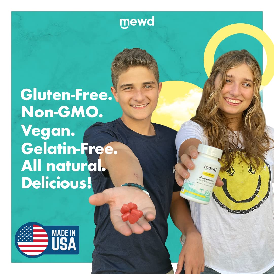 MEWD mood-support gummies for teens conveying calm focus and positive attitude.