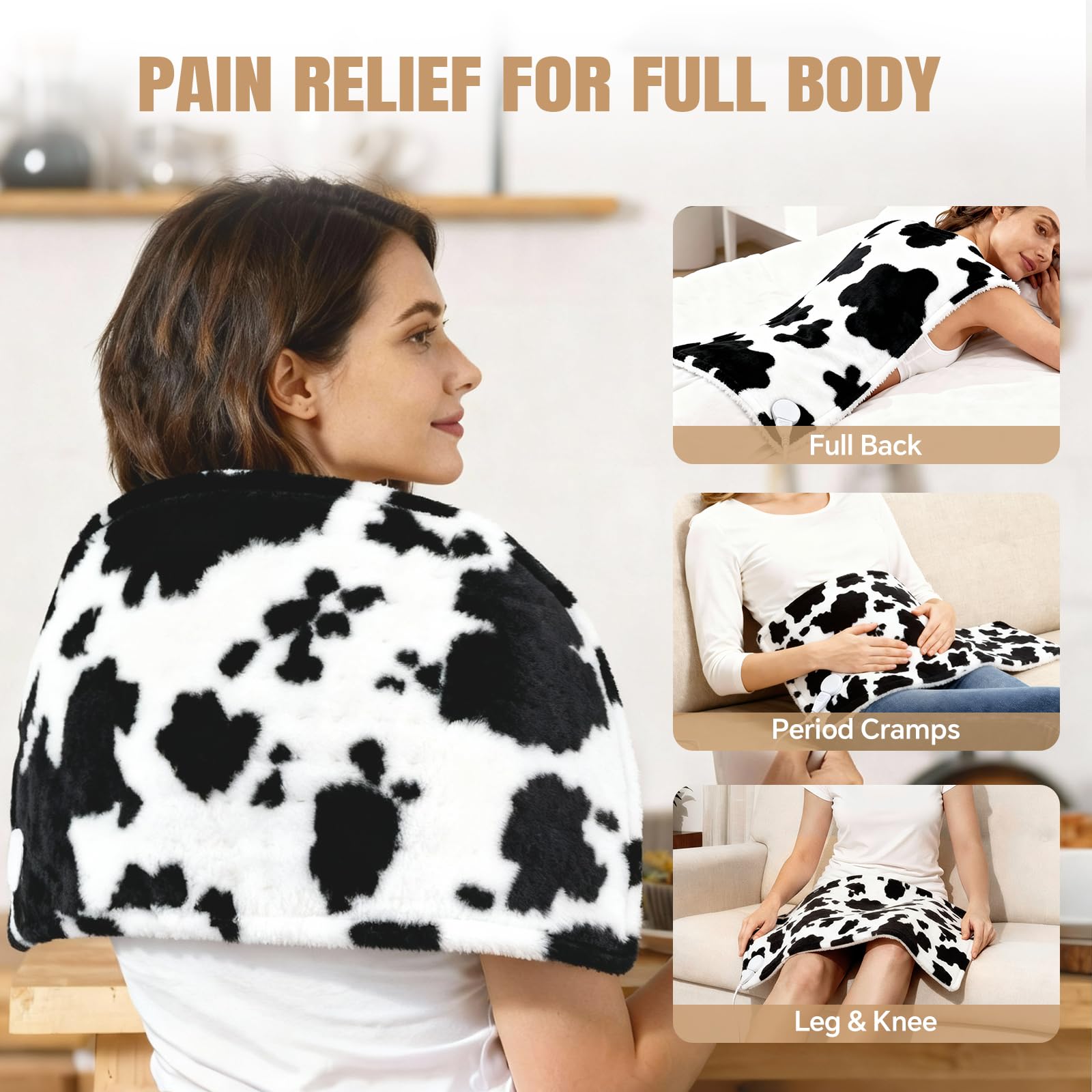 MewMix cow-print heating pad back view with sherpa fleece for plush comfort.