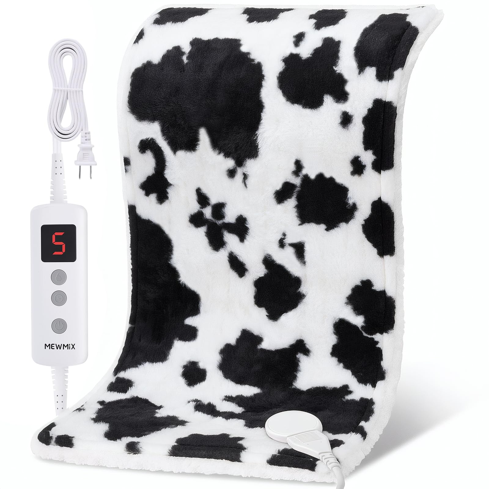 MewMix cow-print heating pad front view with soft flannel for cozy warmth.