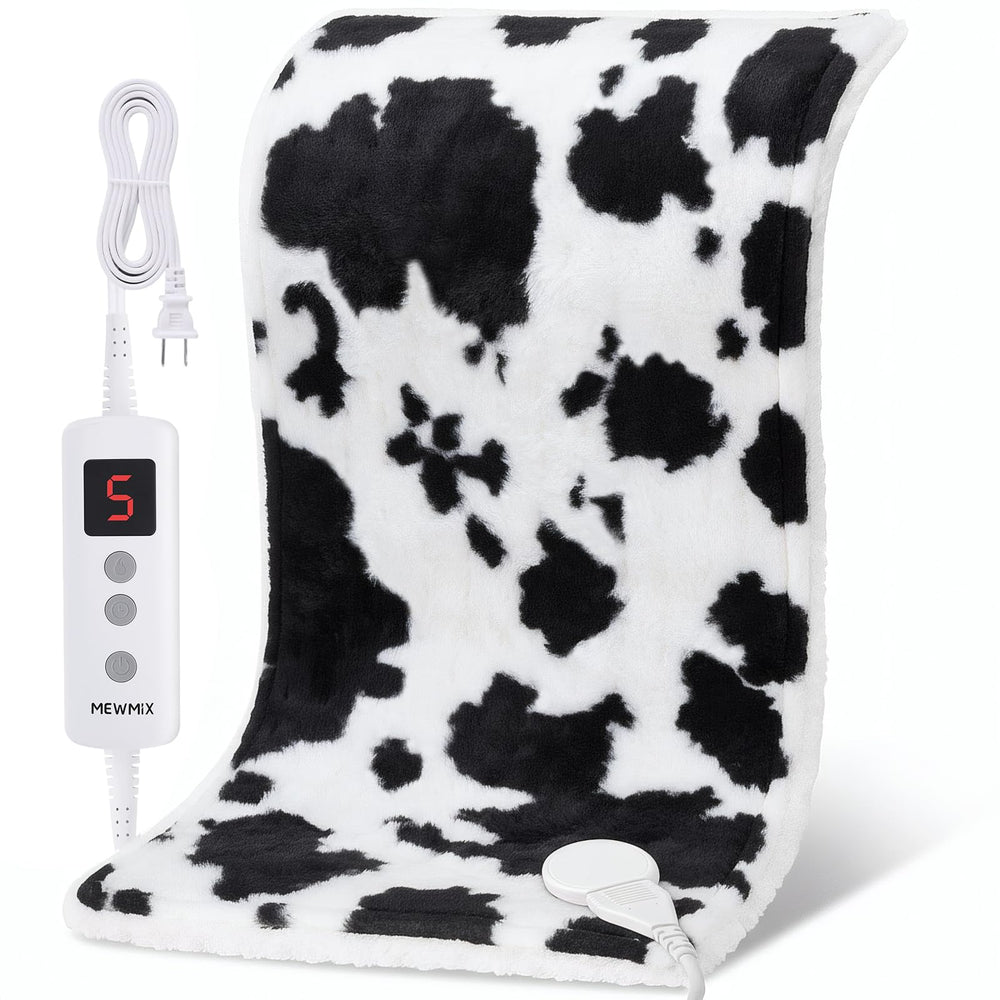 MewMix cow-print heating pad front view with soft flannel for cozy warmth.