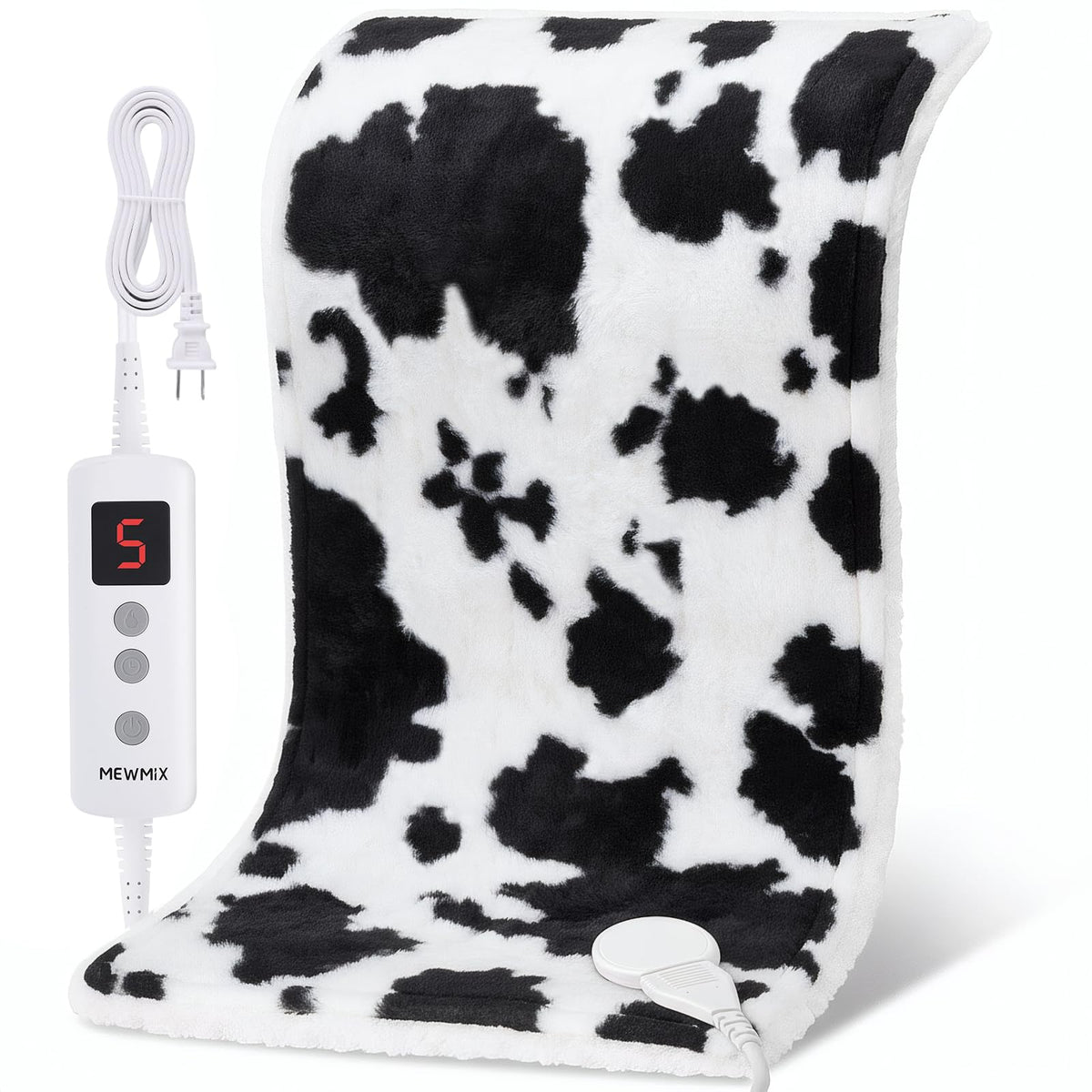 MewMix cow-print heating pad front view with soft flannel for cozy warmth.