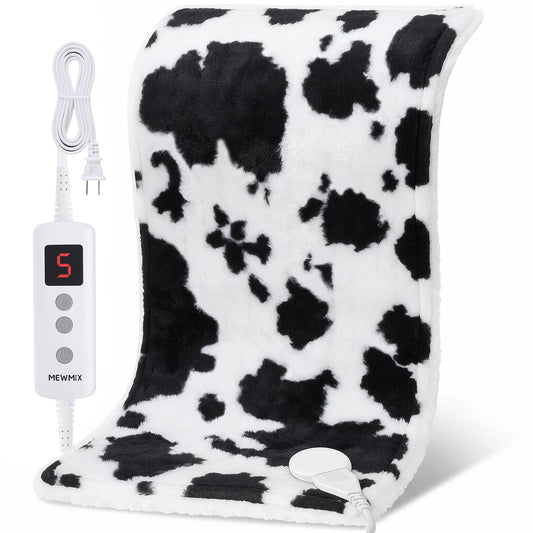 MewMix cow-print heating pad front view with soft flannel for cozy warmth.