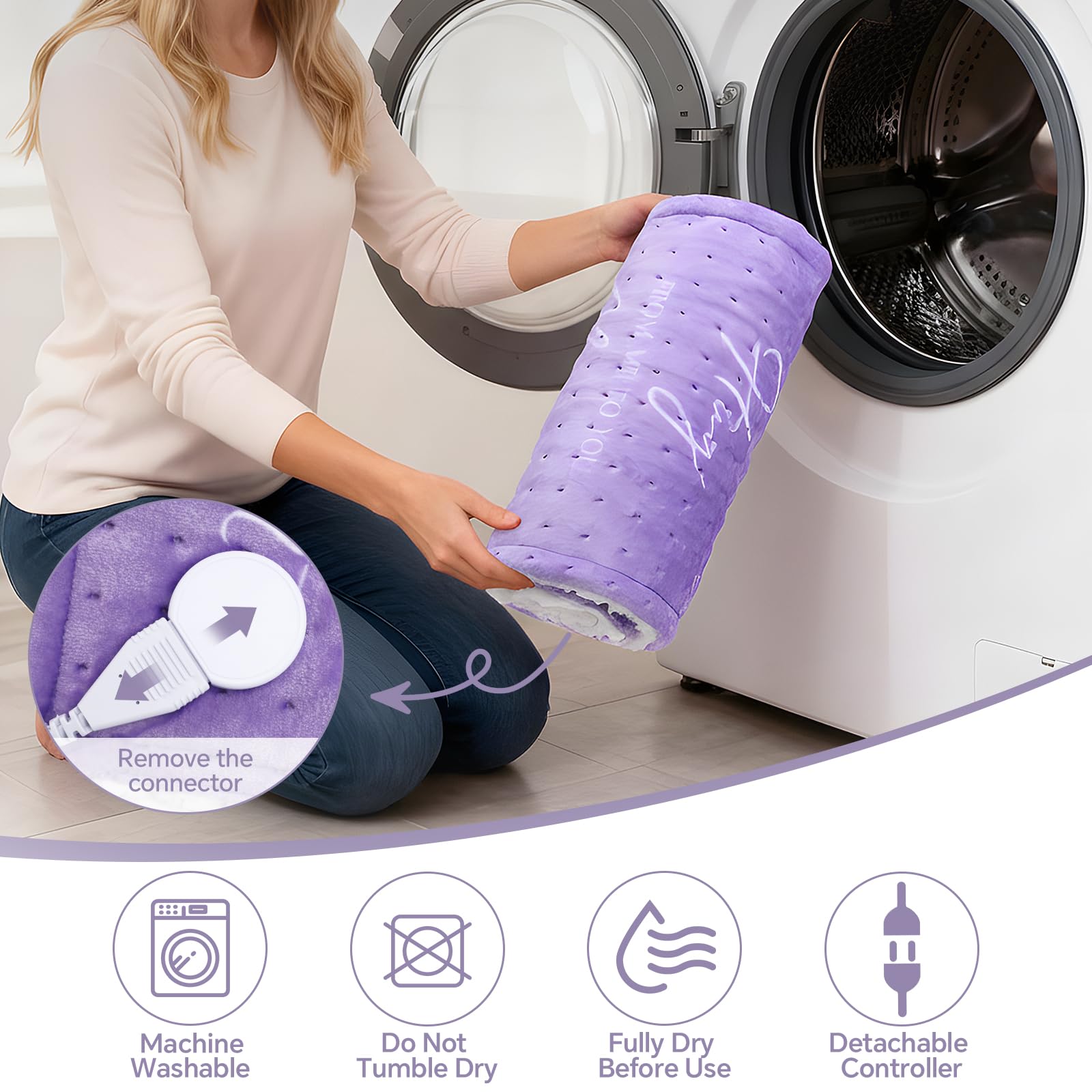 MewMix purple heating pad is machine washable with detachable controller