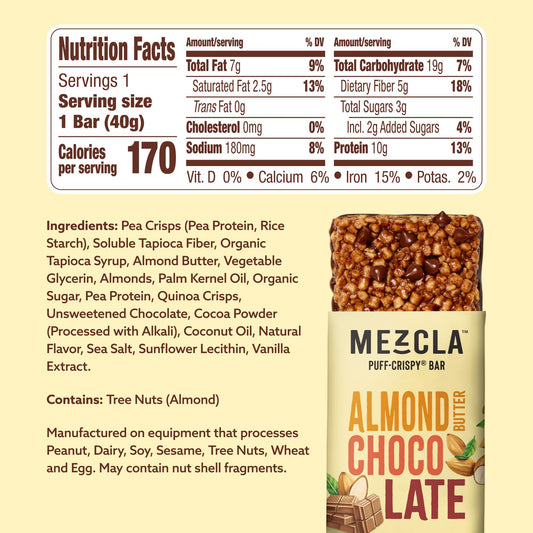 Mezcla bar close-up highlighting puff-crispy texture and creamy almond butter