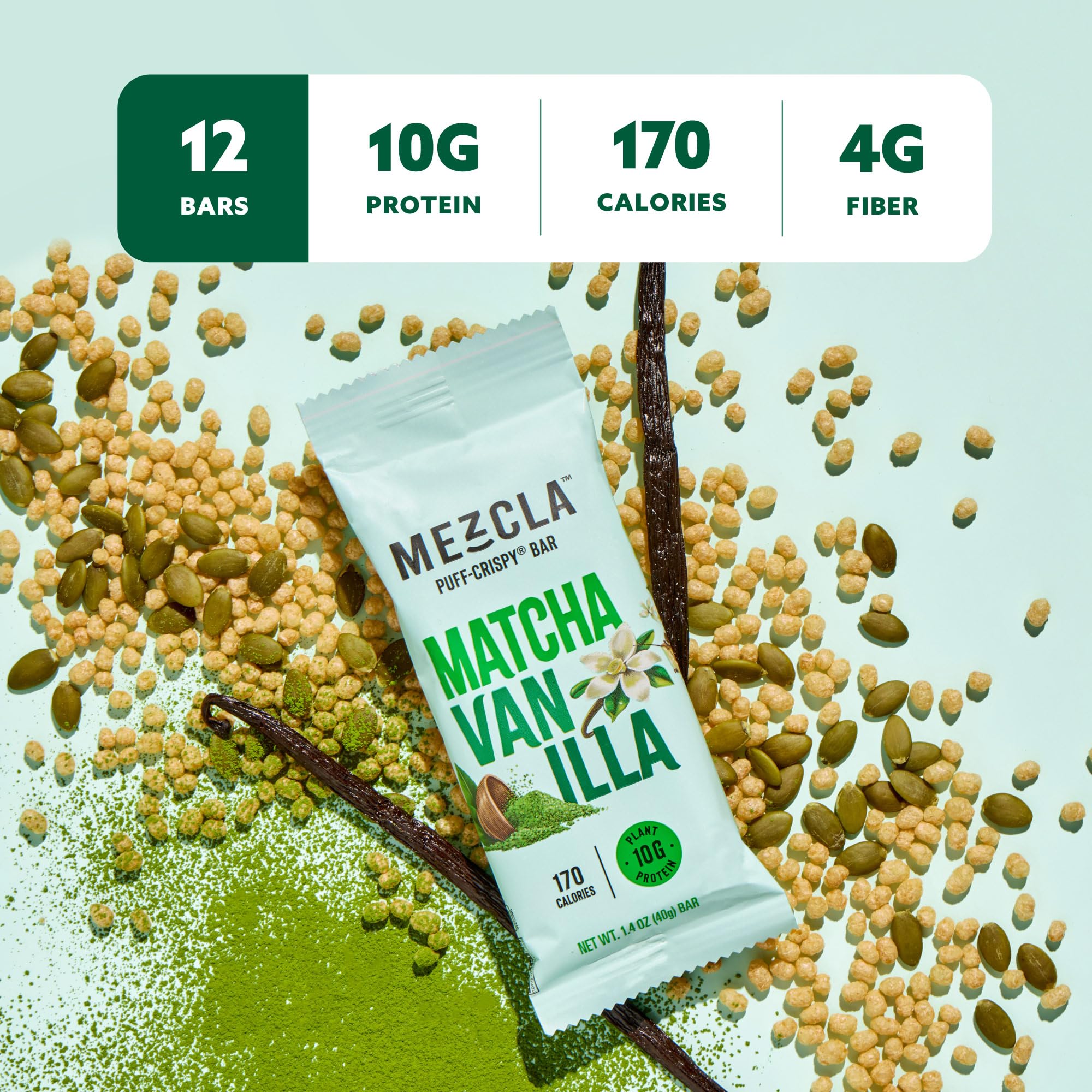 Mezcla Bar cross-section shows pea quinoa ingredients and protein structure.