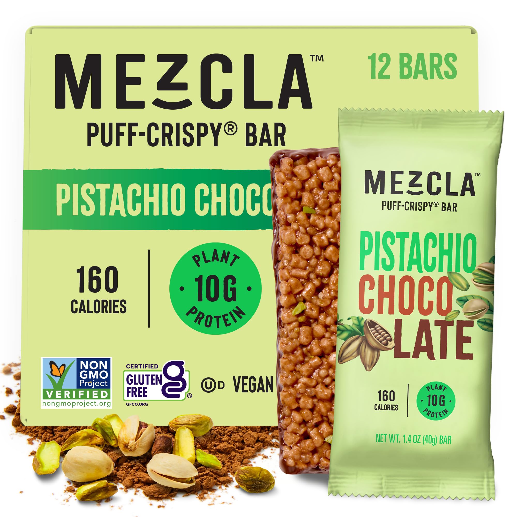 Mezcla puff-crispy pistachio chocolate bar package on shelf for quick snack buyers