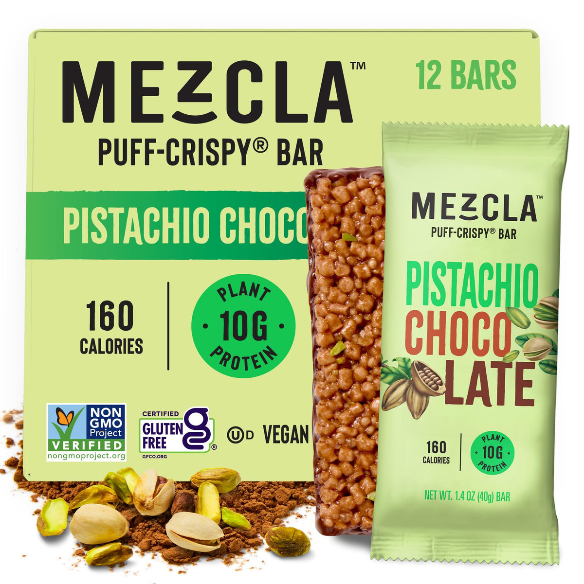 Mezcla puff-crispy pistachio chocolate bar package on shelf for quick snack buyers