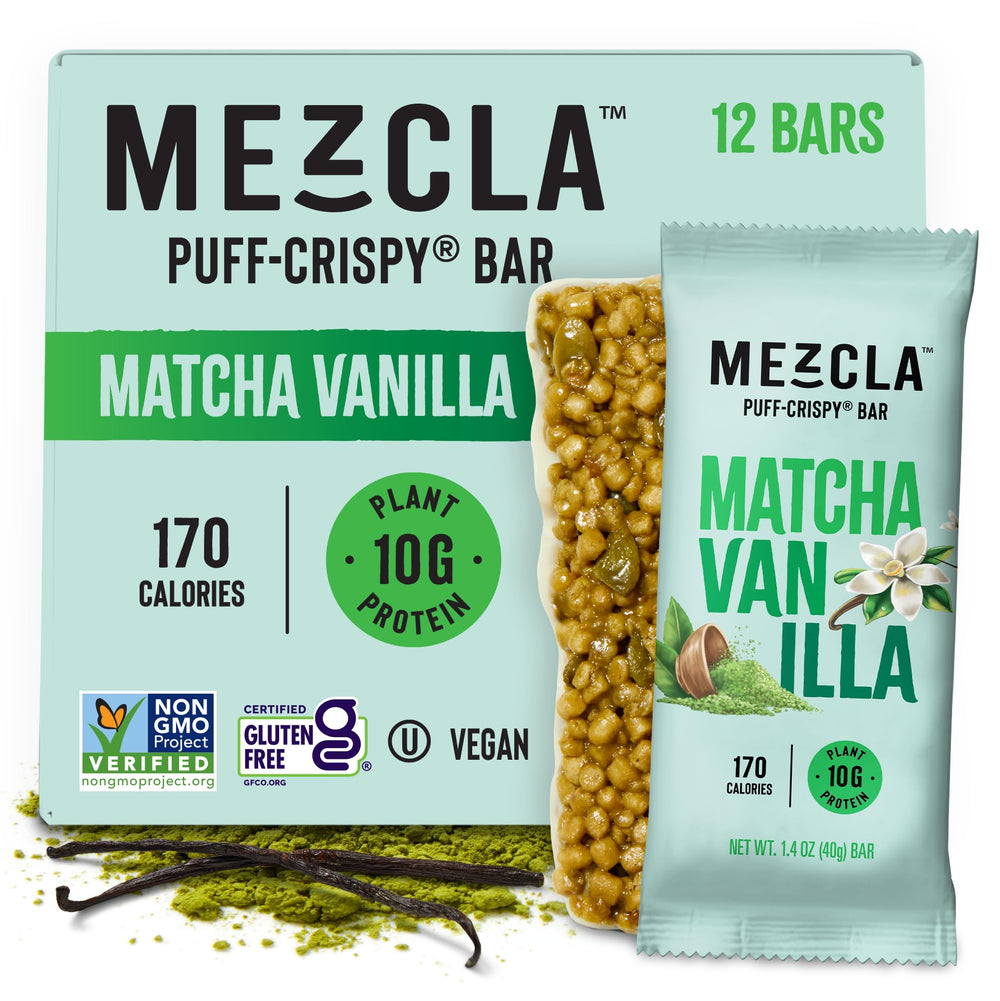 Mezcla Puff-Crispy Matcha Vanilla Bar, close-up texture, ideal energy-boosting snack.