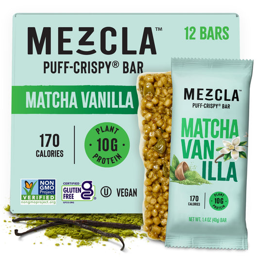 Mezcla Puff-Crispy Matcha Vanilla Bar, close-up texture, ideal energy-boosting snack.