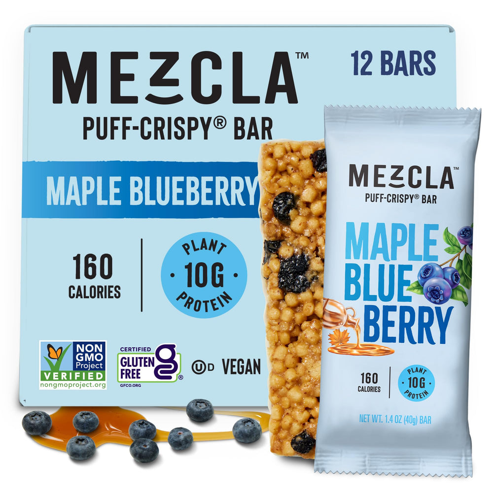 Mezcla puff-crispy protein bar Maple Blueberry texture for a satisfying crunch.