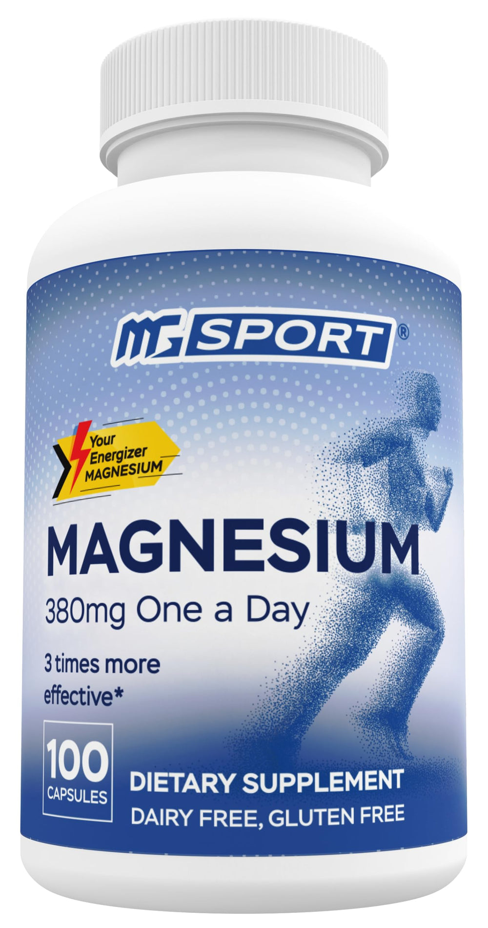 MgSport magnesium supplement bottle showing a 380mg daily dose for muscle support