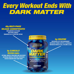 MHP Dark Matter carb matrix close-up emphasizing waxy maize energy replenishment.