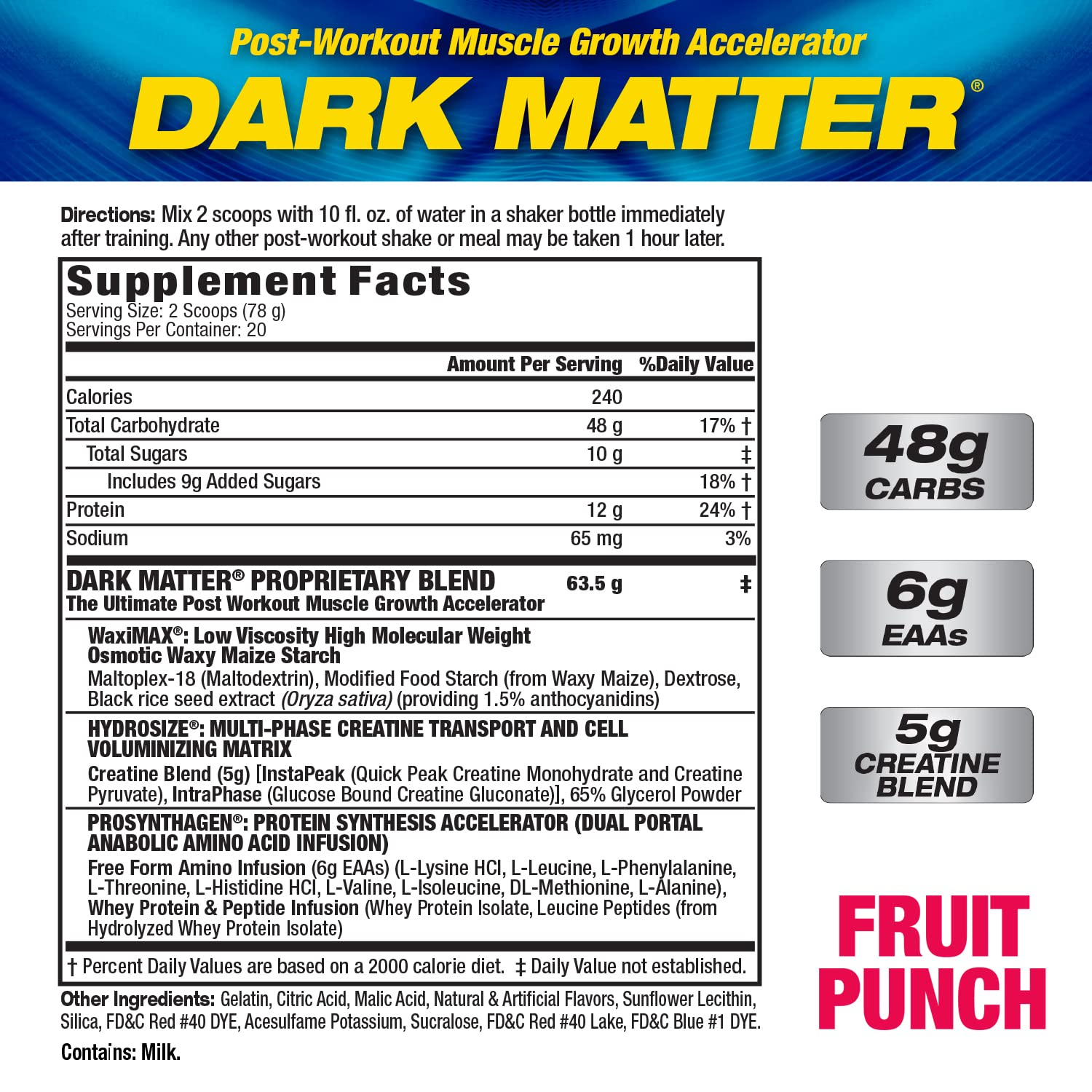 MHP Dark Matter label graphic emphasizes carb-protein matrix for recovery
