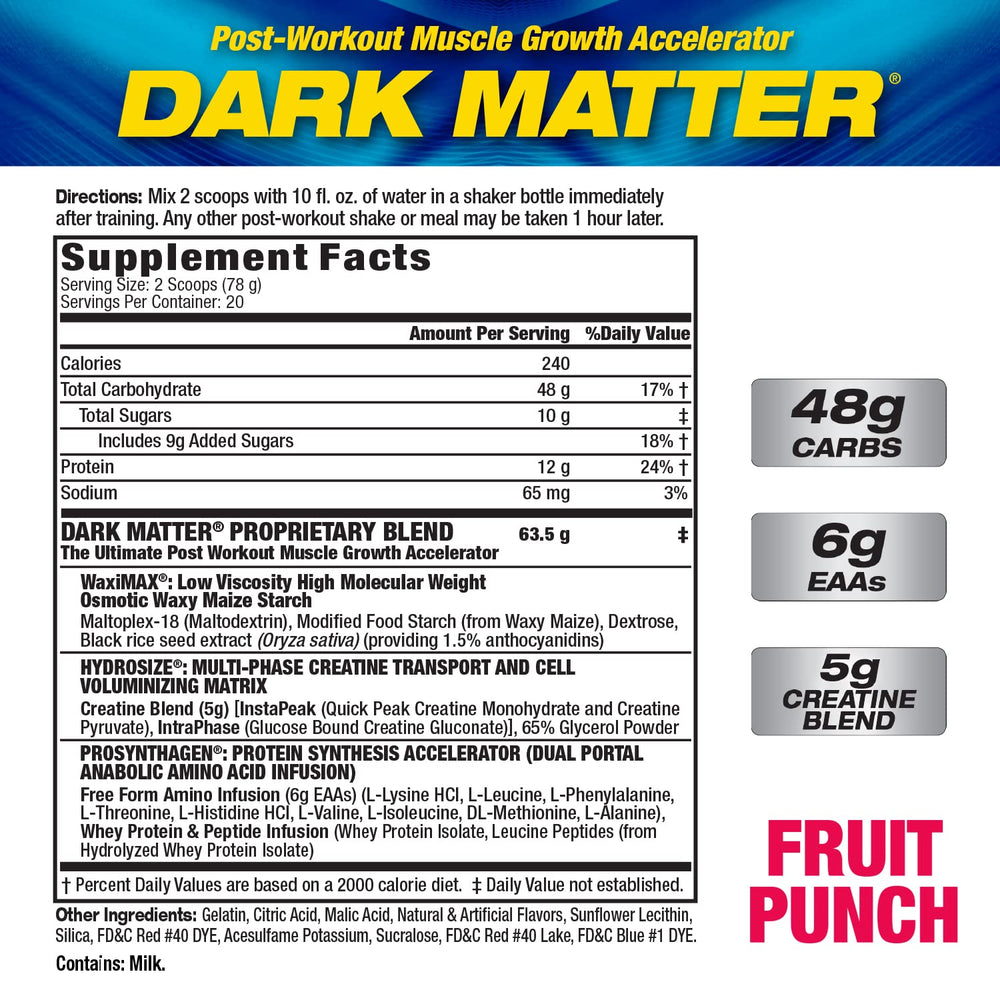 MHP Dark Matter label graphic emphasizes carb-protein matrix for recovery
