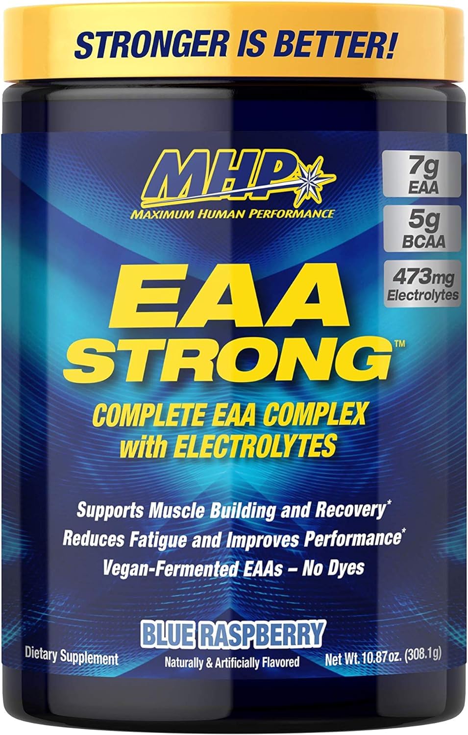 Maximum Human Performance EAA Strong blue raspberry bottle supports post-workout recovery
