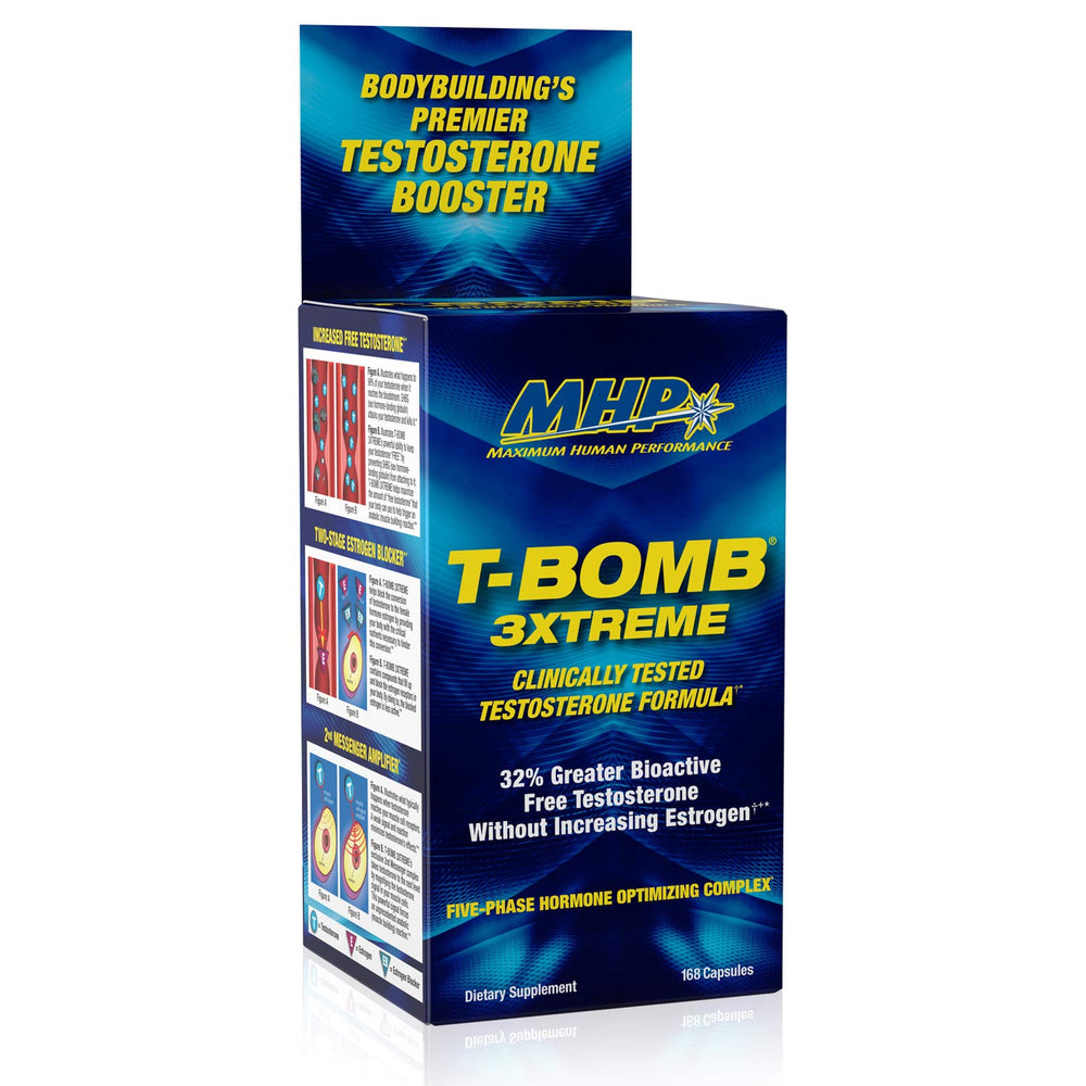MHP T-Bomb 3xtreme bottle front with 168 capsules visible