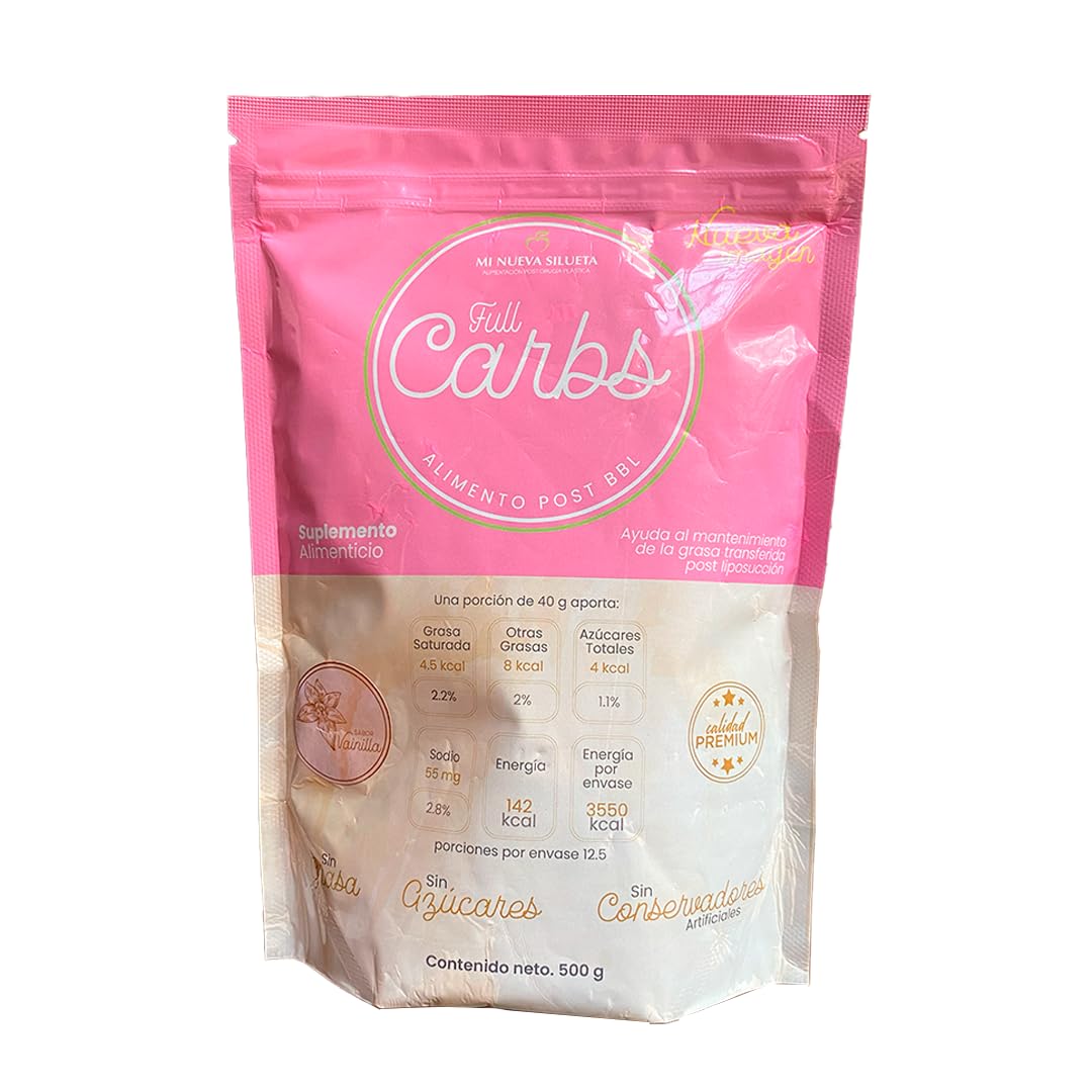 MI NUEVA SILUETA Full Carbs vanilla jar supports lipotransfer retention during workouts.