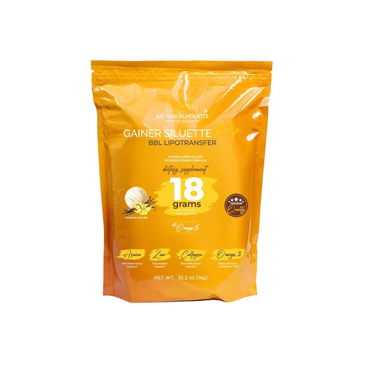 MI NUEVA SILUETA Gainer Pro vanilla bottle on display for recovery support.