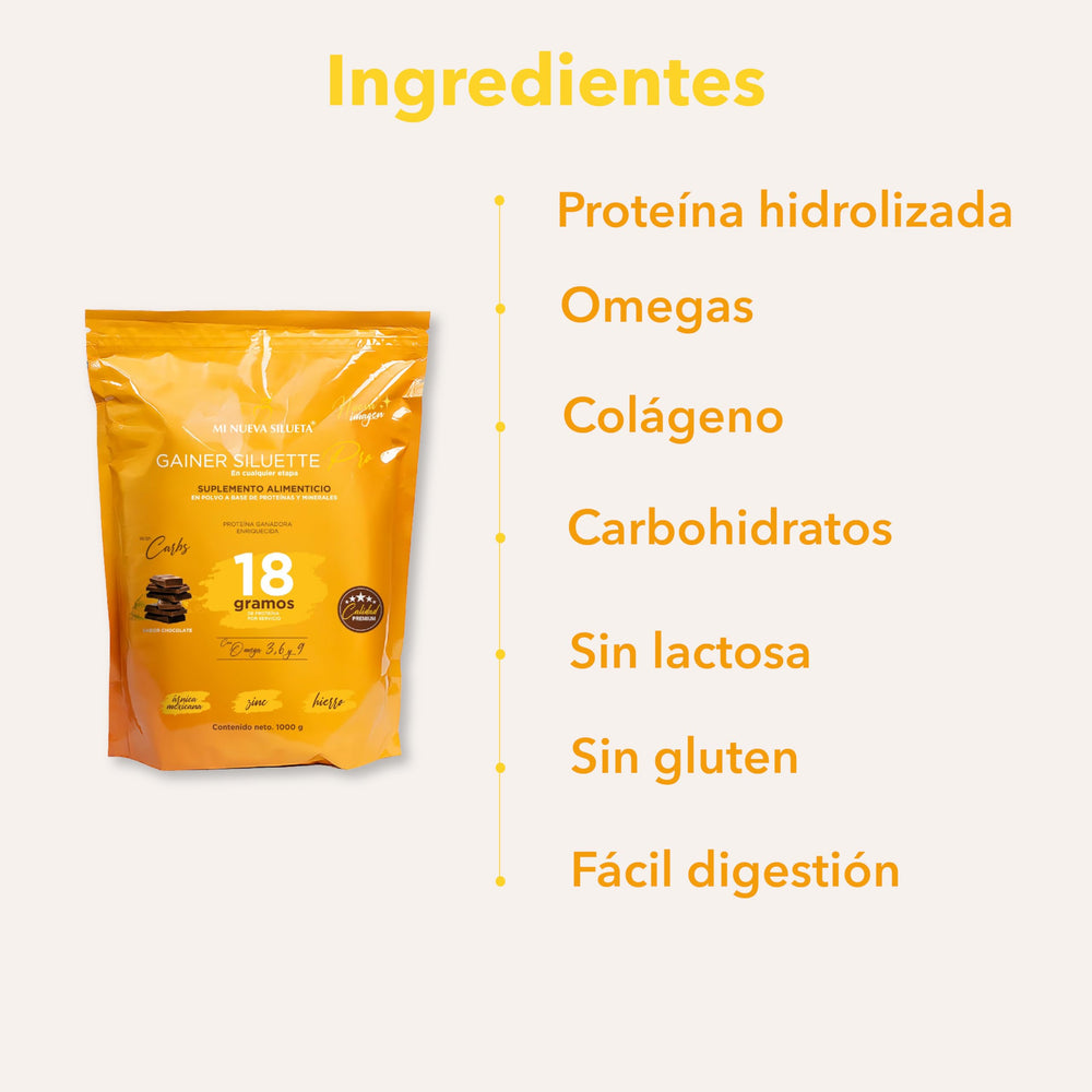 MI NUEVA SILUETA Gainer Pro packaging front with branding visible.