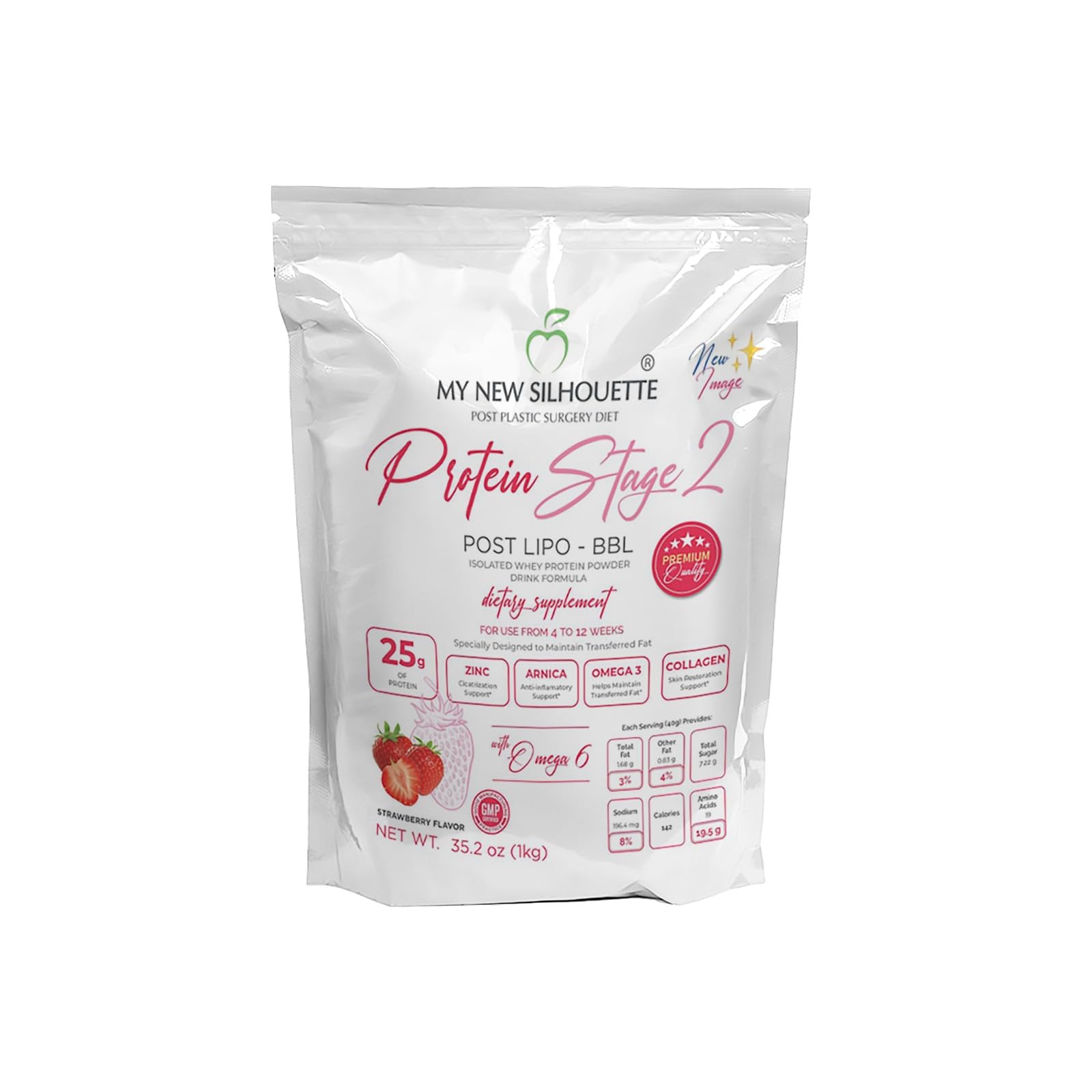 MI NUEVA SILUETA Strawberry bottle shows protein-rich post-surgery support.