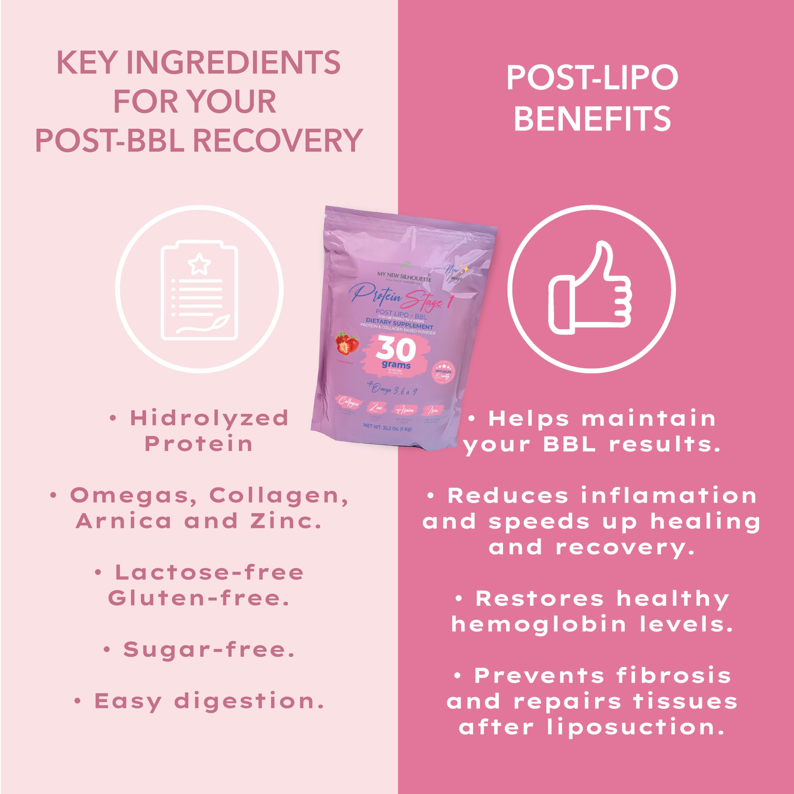 MI NUEVA SILUETA strawberry protein powder highlights flavor and nutrition.