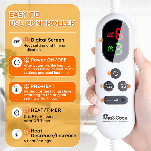 Mia&Coco heating pad showing six heat settings for personalized comfort.