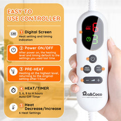 Mia&Coco heating pad showing six heat settings for personalized comfort.