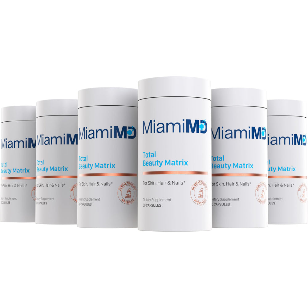 MiamiMD Total Beauty Matrix bottle front view shows capsules for hair and skin.