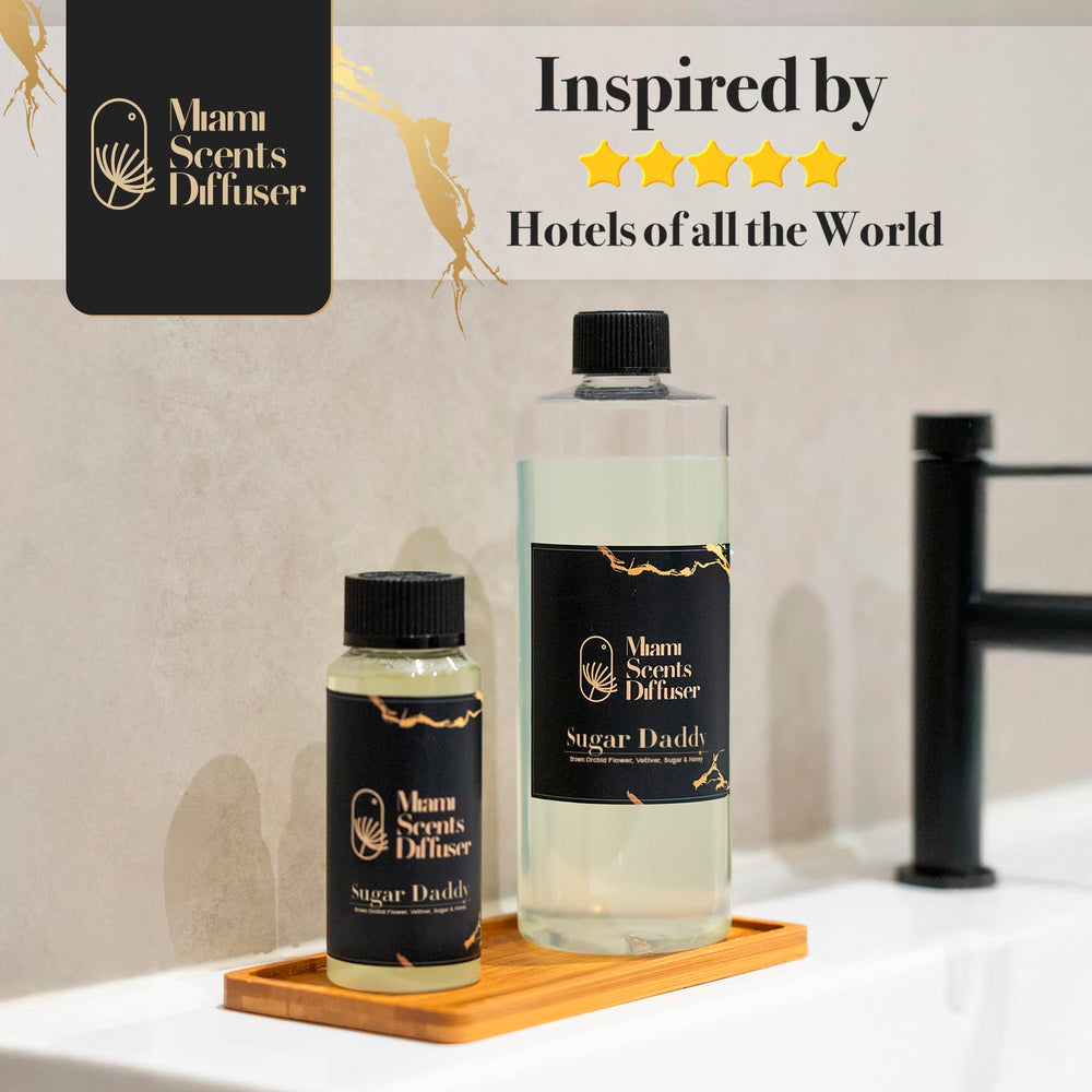Miami Scents Diffuser Sugar Select bottle pour in living room creates luxe mood.
