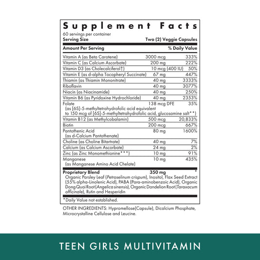 Michael's Health Naturopathic Teen Girls capsules closeup, featuring vegetarian formula.