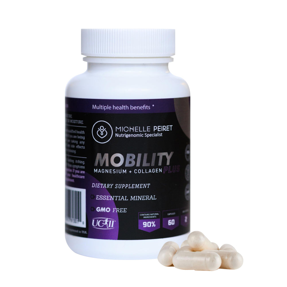 Michelle Peiret Mobility bottle close-up showing capsules for daily joint support
