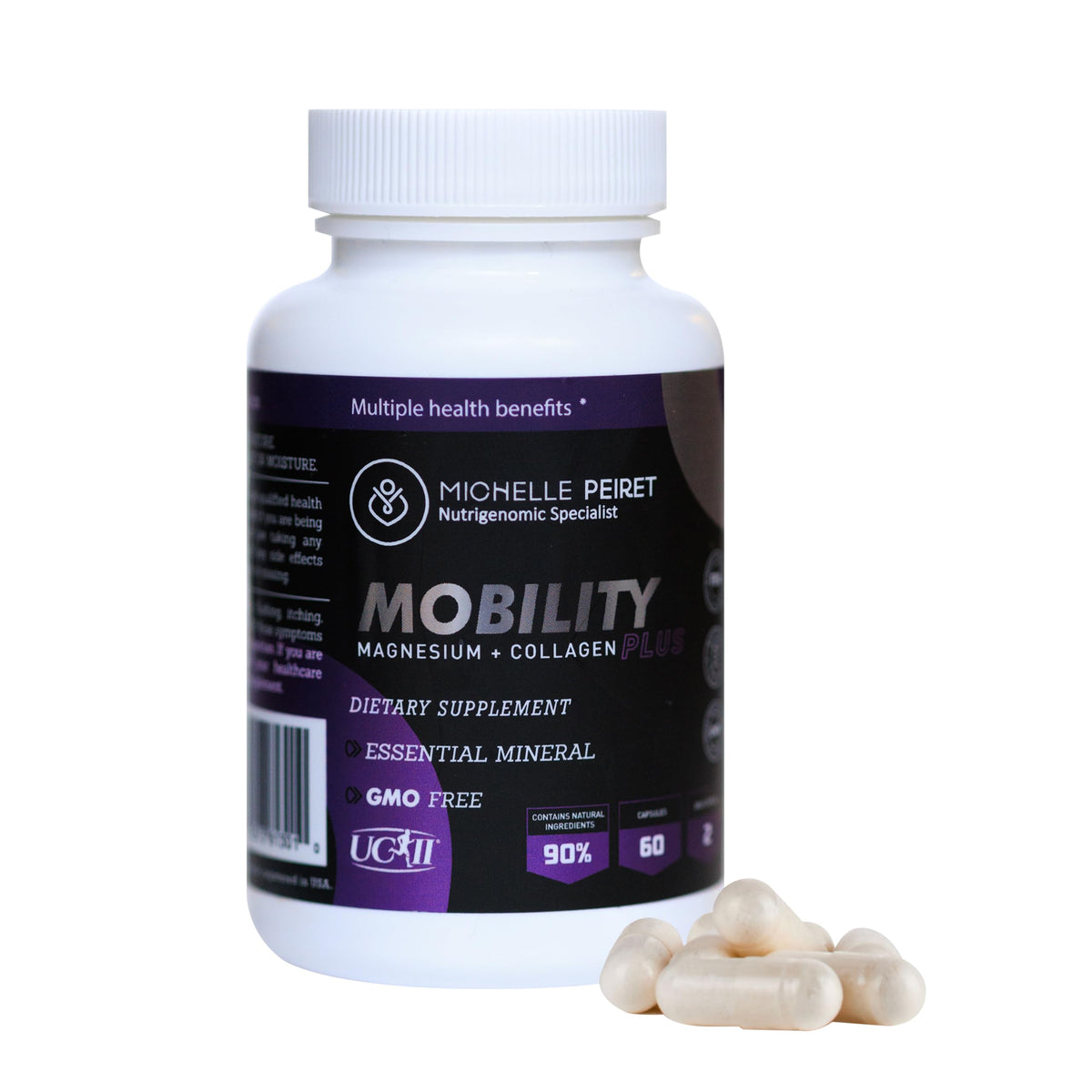 Michelle Peiret Mobility bottle close-up showing capsules for daily joint support