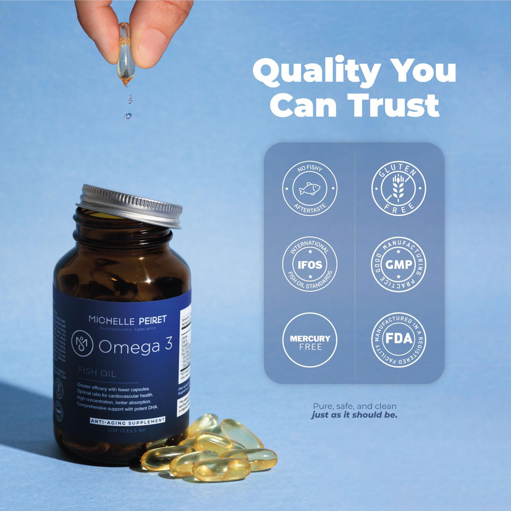 Michelle Peiret Omega3 bottle in hand for easy daily use.